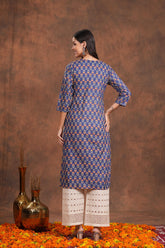 Stunning Blue Block Print Yoke Design Cotton  Kurti -Indigo Impression All Time Beauty